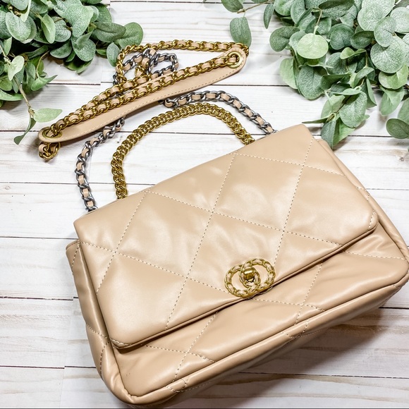 Handbags - Tan Quilted Cross Body Bag with Short & Long Chain Strap